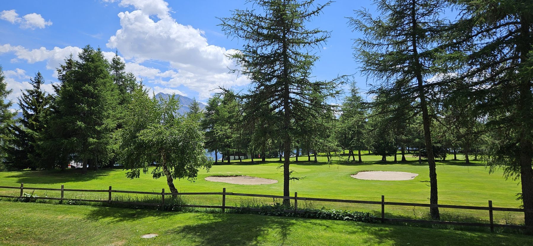 Blick vom Balkon auf den Golfplatz zwischen Lärchen